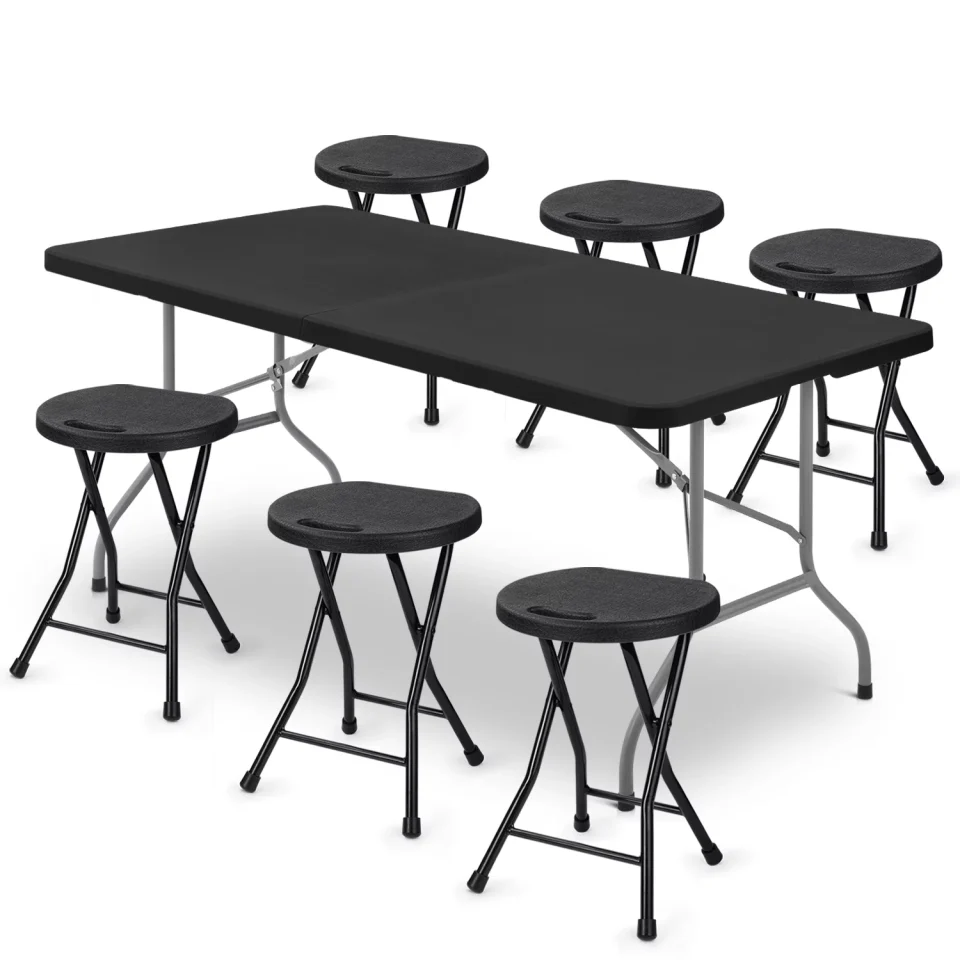 Cast Iron MoNiBloom 7 Pieces 6 FT Folding Table and Chair Set, Indoor Outdoor Picnic Desk with Handle & Lock and Foldable Stools for Garden, Black