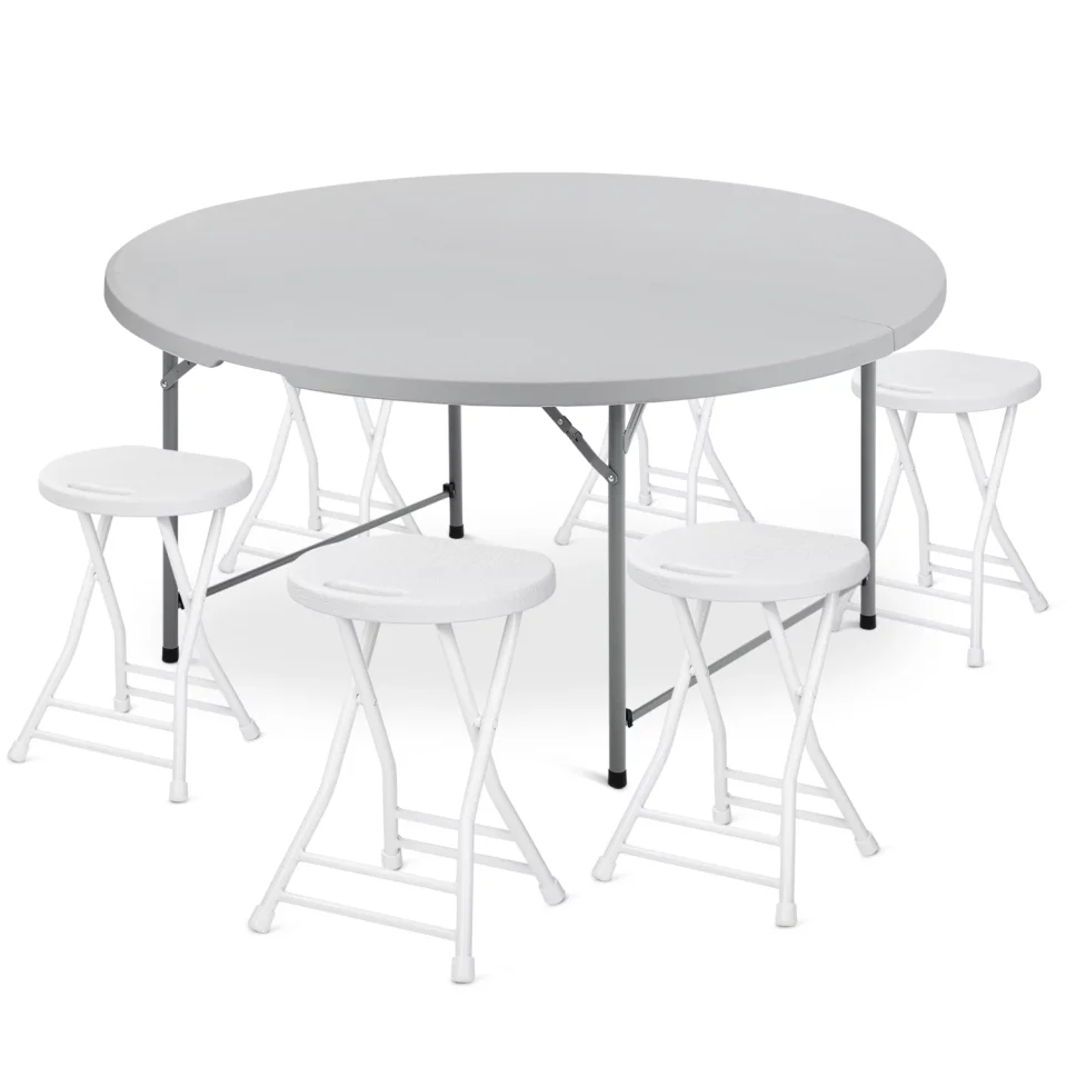 Easy-Clean Magshion 7 Pieces 5 FT Folding Round Table and Chair Set, Event Card Desk with Handle and Foldable Stools with Steel Frame, Grey/White