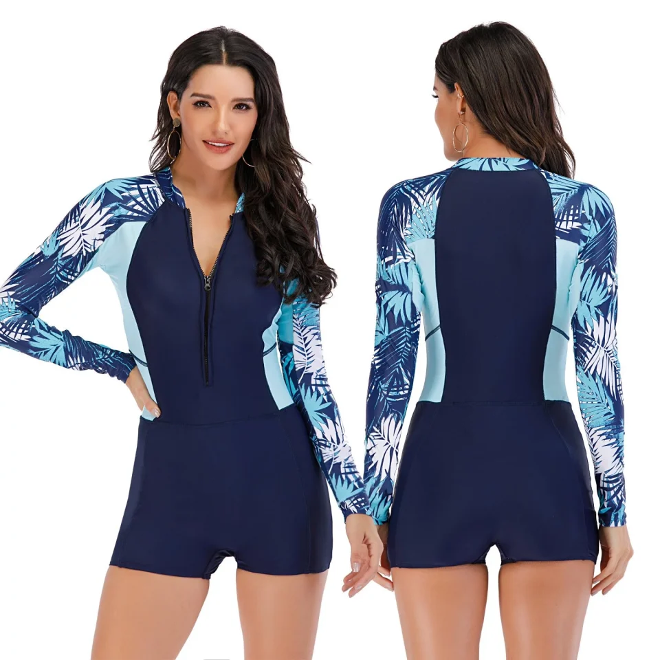 Cleaning Womens Rash Guard Floral Printed Long Sleeve Zip Front 1-Piece Swimsuit Surfing Bathing Suit with Built in Bra