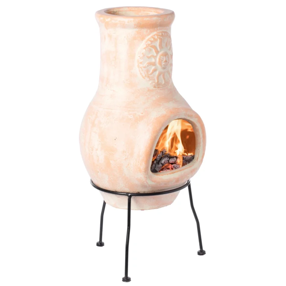 Cast Iron Outdoor Clay Chiminea Sun Design Charcoal Burning Fire Pit with Metal Stand
