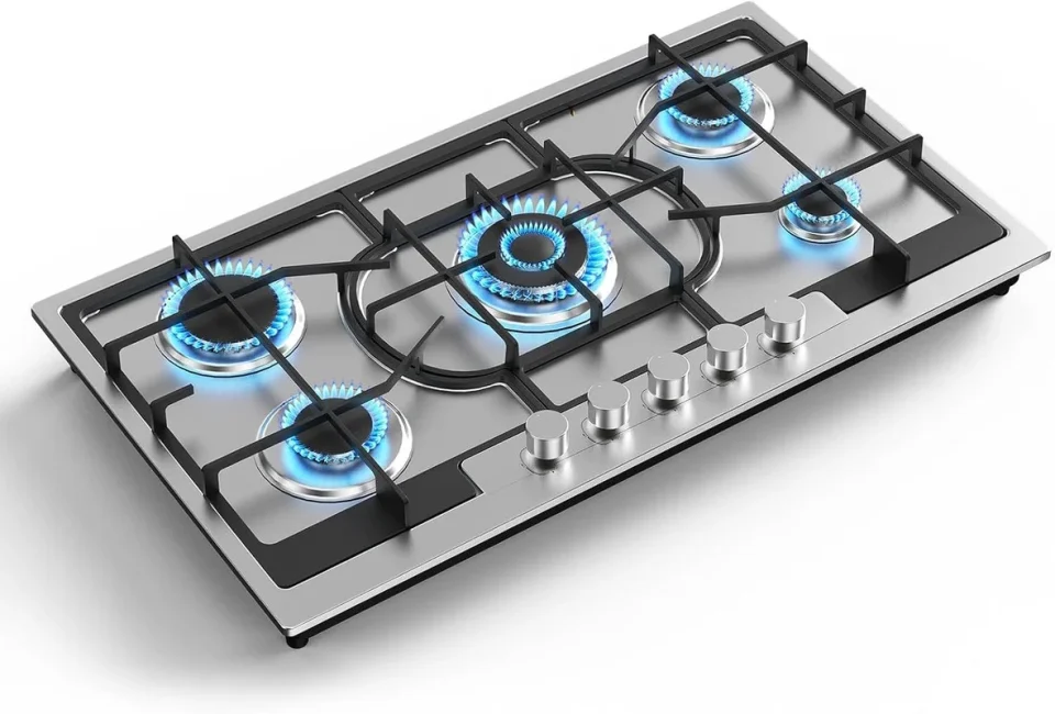 Portable Best-Selling VBGK 5 Burners Gas Cooktop Built-In Stainless Steel Gas Hob,34 inch Gas Stove NG/LPG Convertible