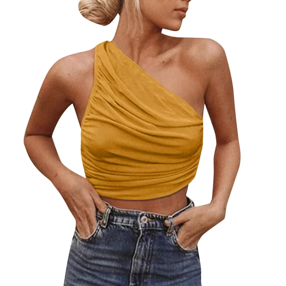 Premium WILLBEST Womens Tank Tops Dressy Casual Plus Sexy One Shoulder Solid Color Slim Pleated Short Undershirt Female 2023 Ladies Undershirt Easter