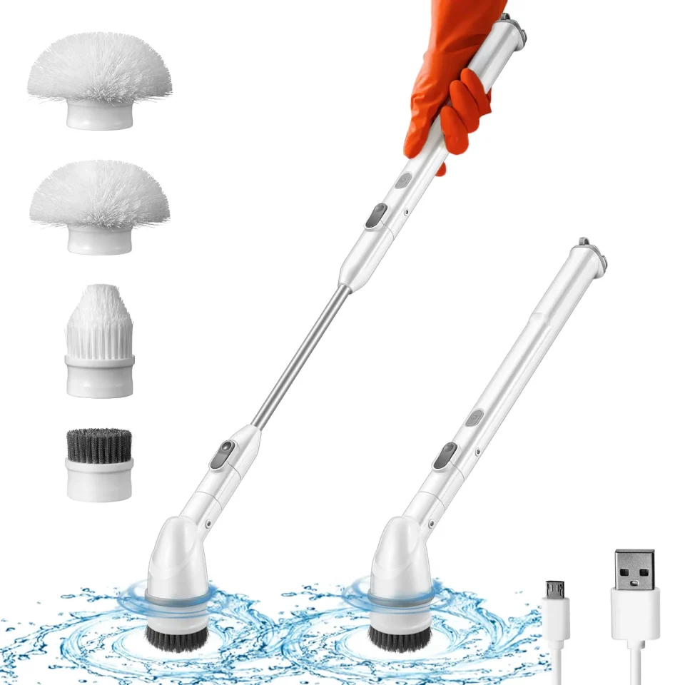 Matte Easy-Clean Pirecart Electric Spin Scrubber, with 4 Replaceable Brush Heads, 2 Adjustable Extension Handle,White