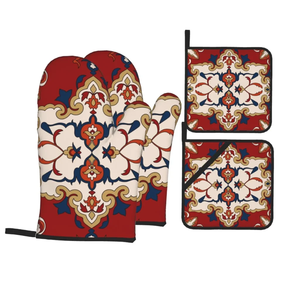 Core Wooden XMXT Heat Resistant Oven Mitts and Pot Holders Sets, Vintage Persian Background Oven Mitt Hot Pads Kitchen Cooking BBQ Gloves, 4 Pcs
