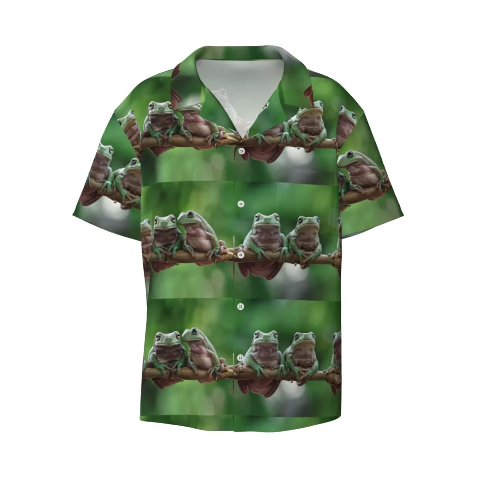 Healthy Haiem Australian White Tree Frog Sitting on Branch Men's Casual Shirts Short Sleeve Button Down Shirts Fashion Textured Summer Beach Shirt-Small