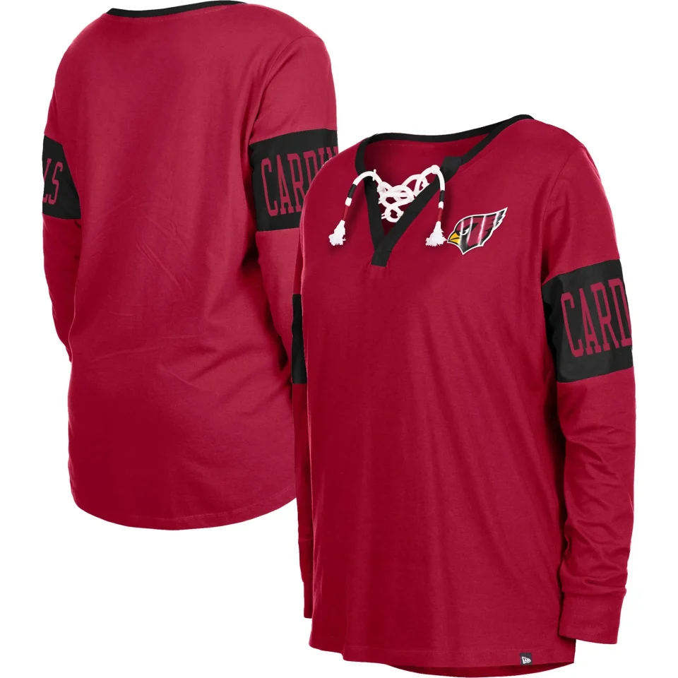 Stainless Steel Thickened Women's New Era Cardinal Arizona Cardinals Lace-Up Notch Neck Long Sleeve T-Shirt