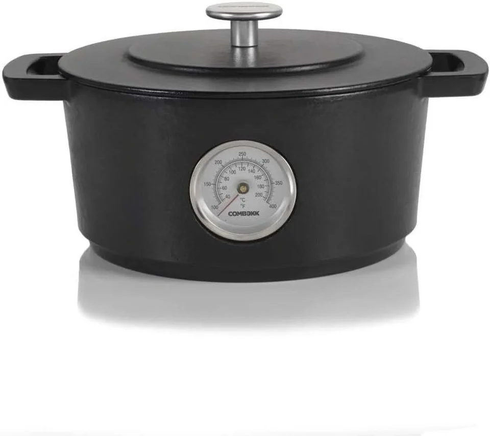 Travel Cleaning Combekk RAILWAY Recycled Enameled Cast Iron 4.25 Quart Dutch Oven W/ Thermometer, Black, 9.5