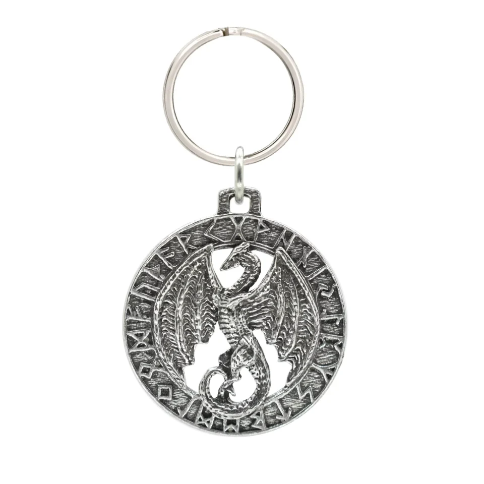 Multi-Purpose Dragon Flying In Runes Keychain, G009KC, 1 3/4 inch, Pewter, Key Fob, Key Ring, Keys, Zipper Pull, Luggage Tag, Backpack, Over Celtic Runes Fantasy Medieval Designs, Handmade in the USA, 100% American