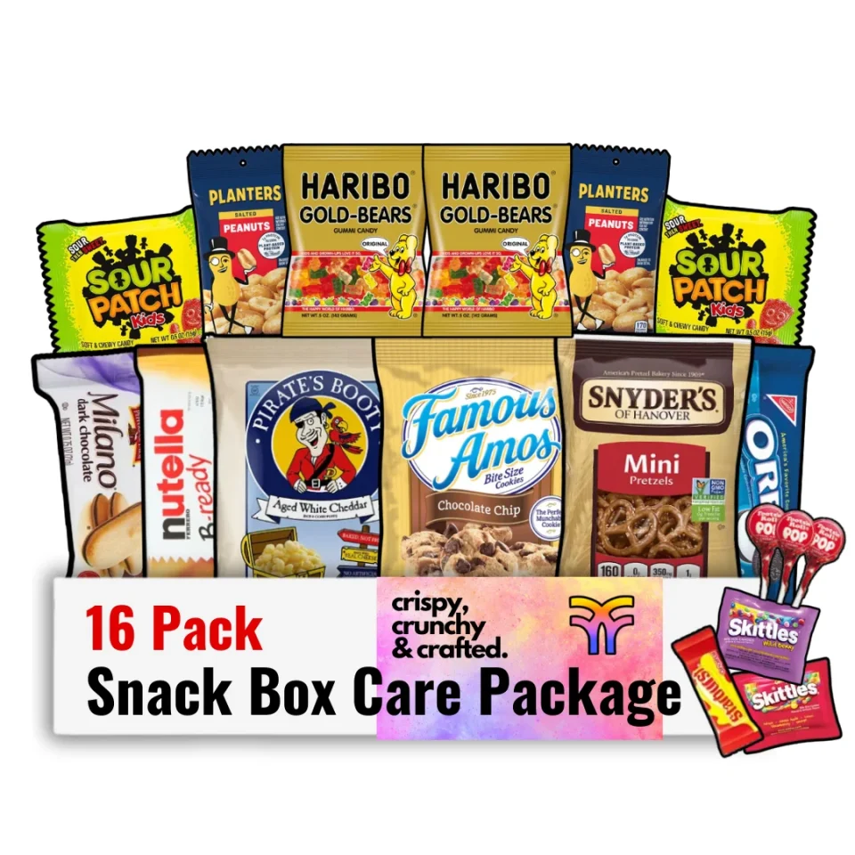 Lightweight Long-Lasting Fountain City Fulfillment Snack Box Care Package -Variety Snack Boxes for Adults, Teens & Kids - Gummy Bears, Cookies, Peanuts, Cookie Sandwiches - Snack Pack Food for College, Camp, Road Trip 16 pack