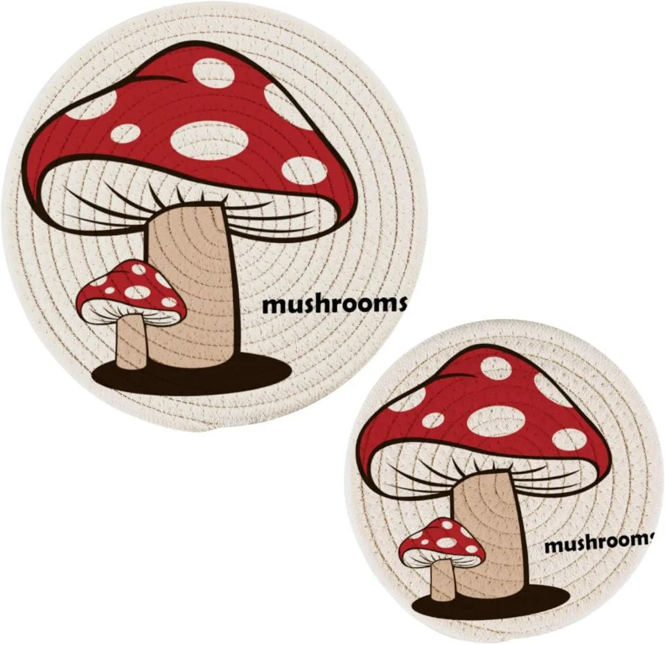 Outdoor Cooking Bestwell Cute Mushroom Cotton Pot Holder Set of 2, Pure Cotton Heat Resistant Wear-Resistant and Non-Slip Stylish Round Pot Holder for Daily Kitchen,Dining Table,Office,Cafe, Restaurant,BBQ