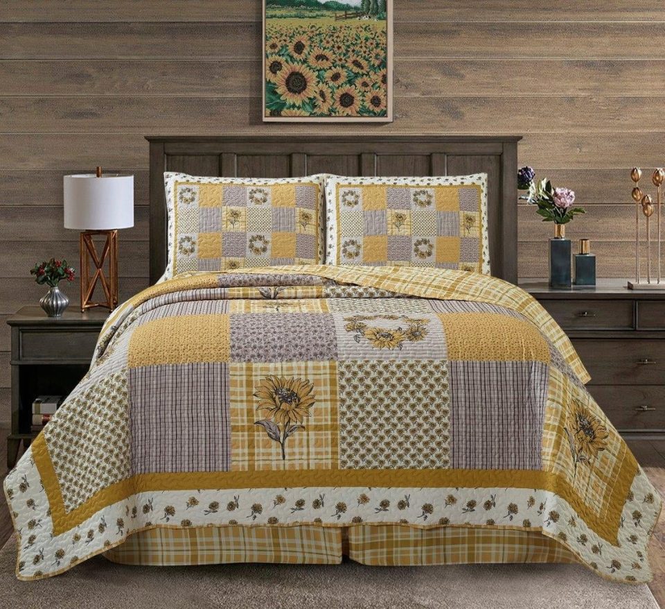 Storage Easy-Clean Virah Bella - Sunshine - Lightweight Reversible 3-Piece Lodge Quilt Set with Decorative Pillow Shams.