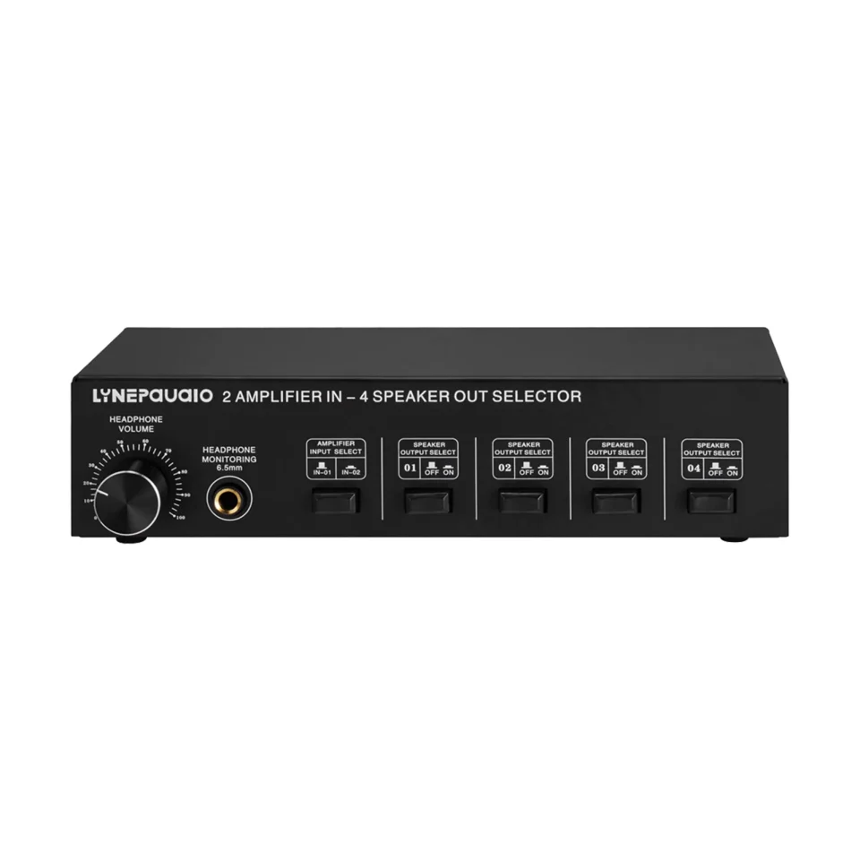 Upgraded LYNEPAUAIO 2 in 4 Out Speaker Selector Switch Box 4 Zone Amplifier and Speaker Selector with Control Banana Jack 6.5mm Earphone Jack
