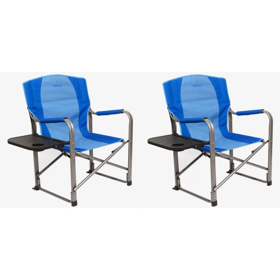 Kitchen Kamp-Rite Director Portable Lounge Arm Chair with Side Table, Blue (2 Pack)