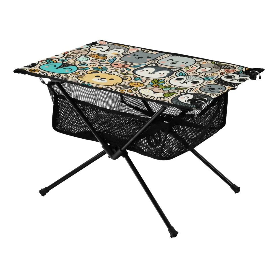 Premium Cute Animal Faces Camping Folding Table Portable Beach Table with Storage Bag Compact Picnic Table for Outdoor Travel Fishing BBQ
