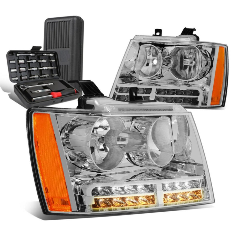 Outdoor Space-Saving 2007-2014 Tahoe Suburban LED DRL Tube Chrome Amber Side Headlights+Too