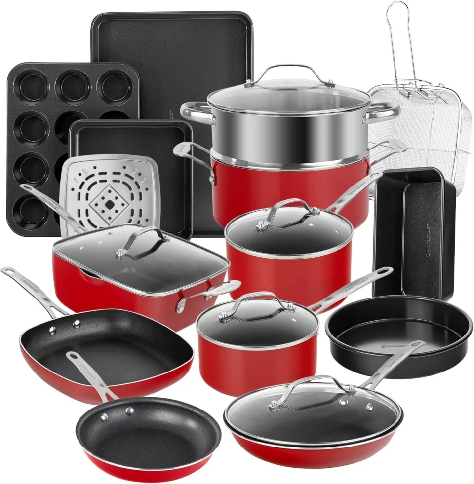 Space-Saving en Red Pots and Pans Set Nonstick 20 Pc Kitchen Cookware Set & Bakeware Set with Mineral & Diamond Coating Long Lasting Nonstick Ultra Durable Oven and Dishwasher Safe 100% T