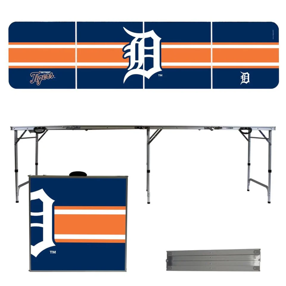 Wooden Detroit Tigers Striped Design 8' Portable Folding Tailgate Table