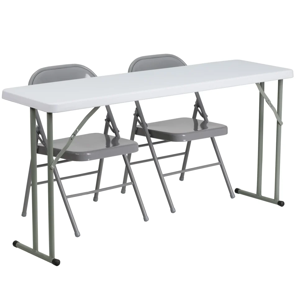 Non-Toxic Home Flash Furniture 5-Foot Plastic Folding Training Table Set with 2 Gray Metal Folding Chairs