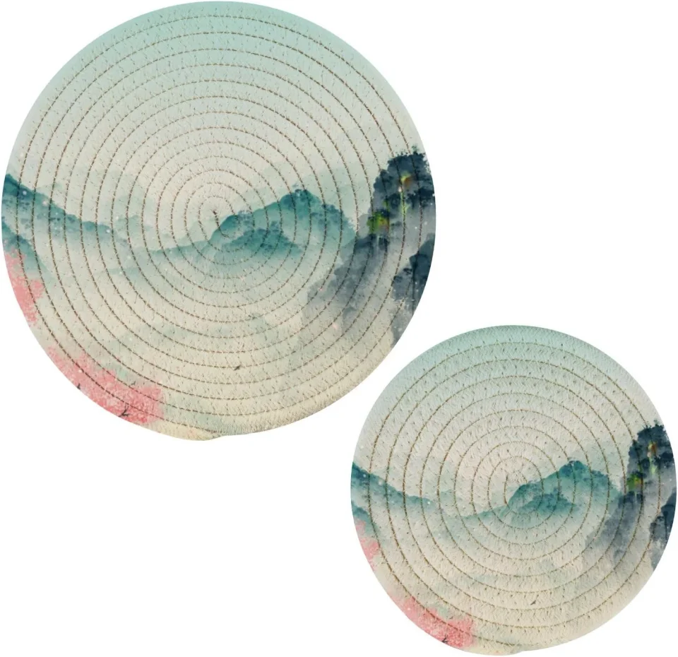 Cooking Best-Selling Hotbar Mountain Forest Pot Holder Set of 2, Pure Cotton Heat Resistant Wear-Resistant and Non-Slip Stylish Round Pot Holder for Daily Kitchen,Dining Table,Office,Cafe, Restaurant,BBQ