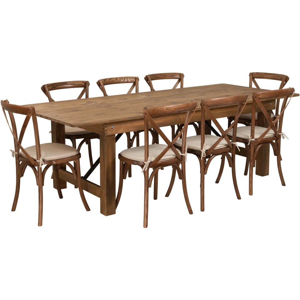 Baking Popular Flash Furniture HERCULES Series 8' x 40'' Antique Rustic Folding Farm Table Set with 8 Cross Back Chairs and Cushions