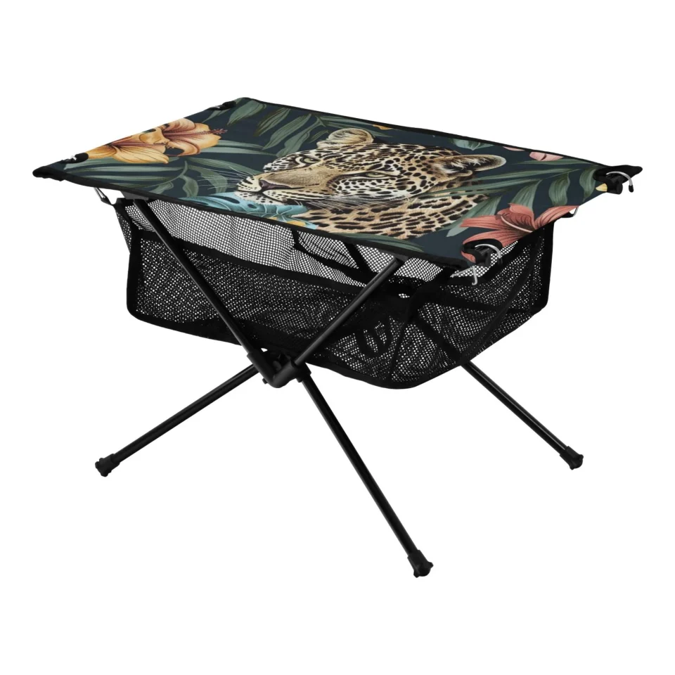 Food-Grade Non-Toxic Leopard and Leaf Camping Folding Table Portable Beach Table with Storage Bag Compact Picnic Table for Outdoor Travel Fishing BBQ